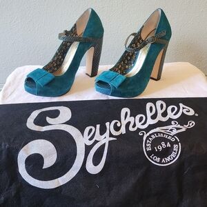SEYCHELLES Suede and snakeskin peep toed mary jane pumps